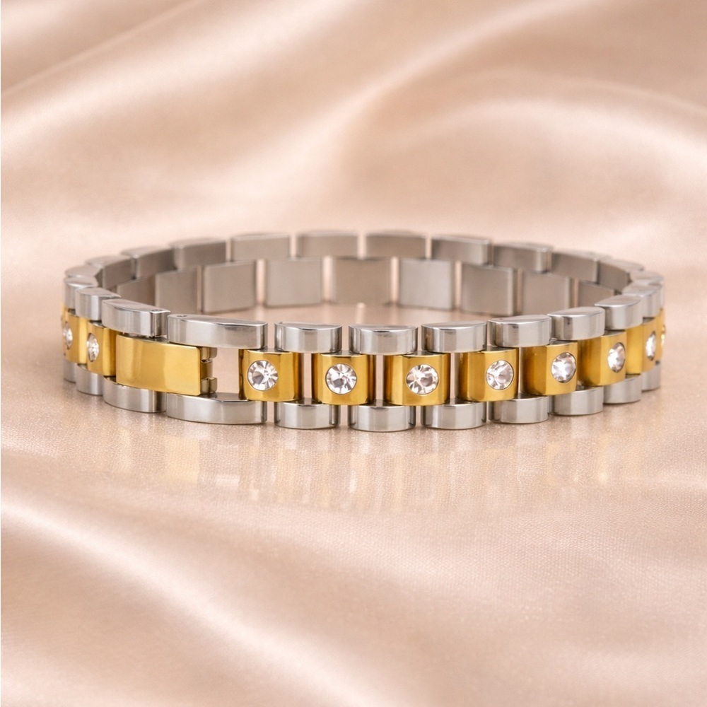Elegant Two Tone Crystal Bracelet – Minimalist Stainless Steel - Picture 2 of 7